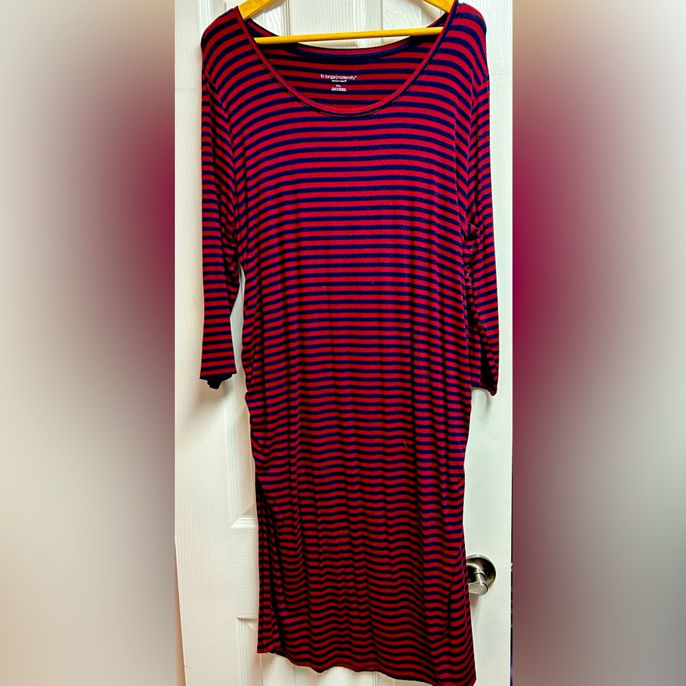 Red and navy blue striped maternity dress